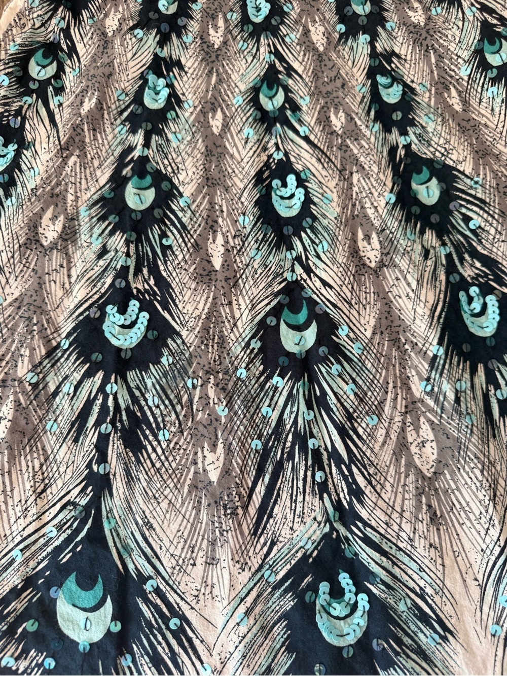 Vintage Bernardo Peacock Feather Skirt Sequins Block Print Coastal Chic size 12 - Picture 5 of 8